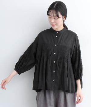 コットンキャンブリック切替ピンタックブラウス(ブラック-L)