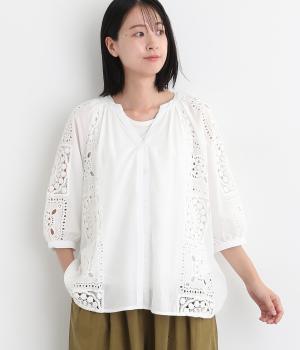 コットンローン刺繍パッチワークブラウス(ホワイト-L)