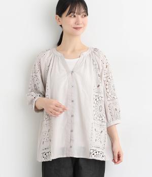 コットンローン刺繍パッチワークブラウス(グレー-L)