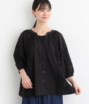 コットンローン刺繍パッチワークブラウス(ブラック-L)