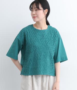 ローンキャンブリック刺繍ボックスシルエットブラウス(ターコイズ-L)