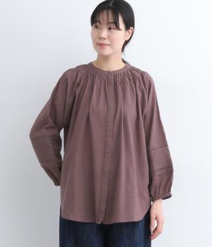 コットンリネンキャンブリックはしごレース×ピンタック比翼ブラウス(パープル-L)