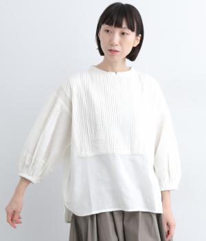 コットンリネンキャンブリックピンタックバルーンブラウス(オフ-L)