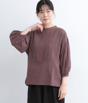 コットンリネンキャンブリックピンタックバルーンブラウス(パープル-L)