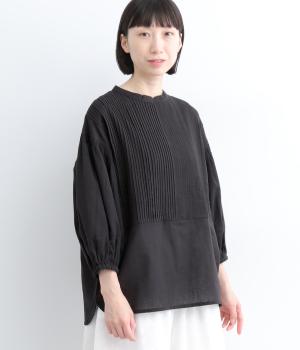コットンリネンキャンブリックピンタックバルーンブラウス(クロ-L)