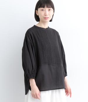 コットンリネンキャンブリックピンタックバルーンブラウス(クロ-M)