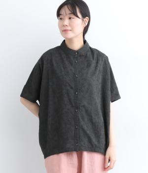 ローンキャンブリック刺繍オーバーレースハーフスリーブシャツ(クロ-L)