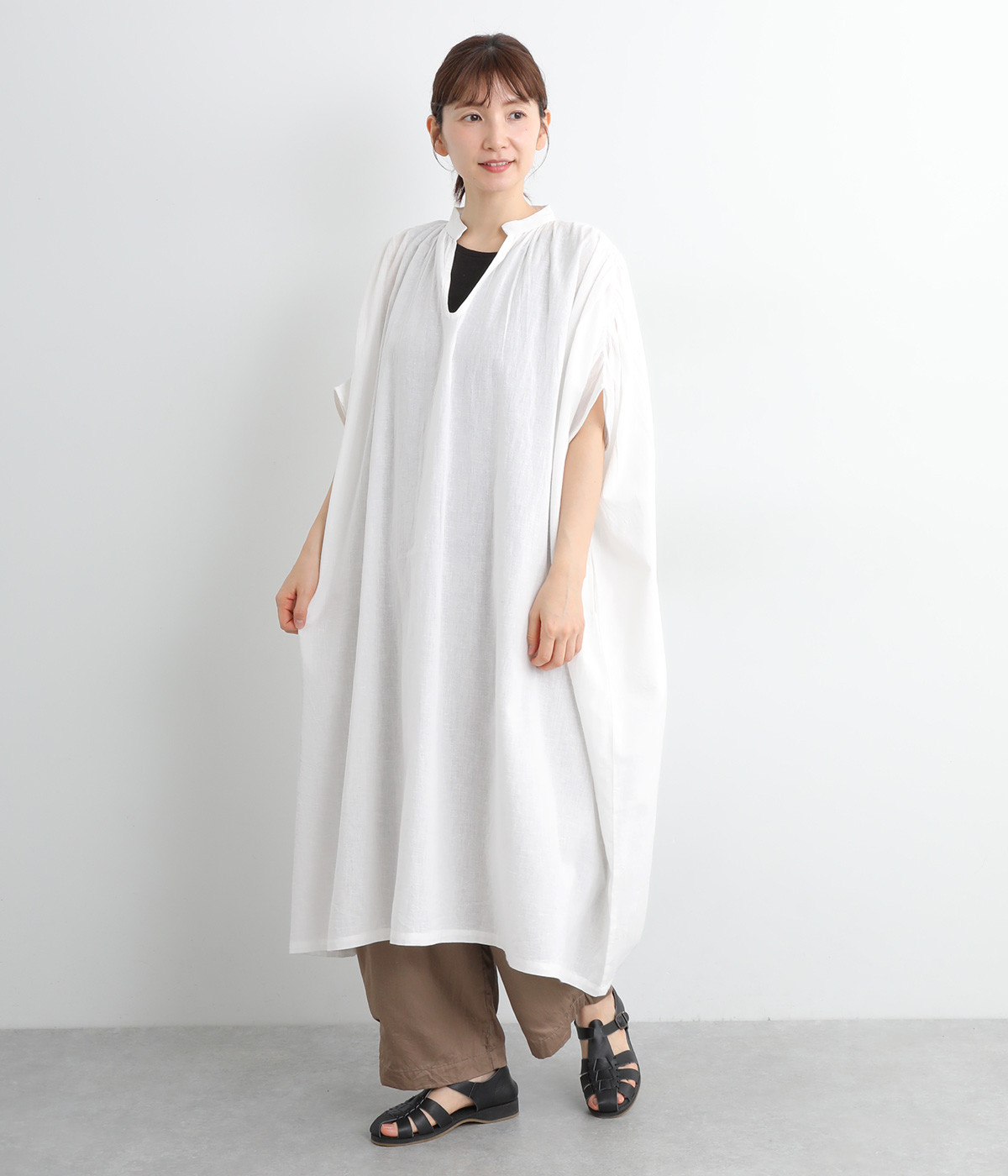 コットンリネンキャンブリックギャザーワンピース(オフ-ONESIZE)