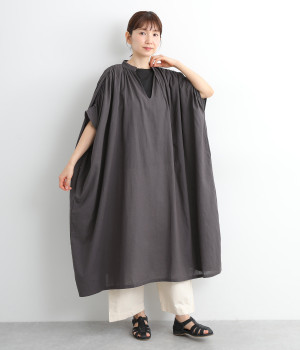 コットンリネンキャンブリックギャザーワンピース(チャコール-ONESIZE)