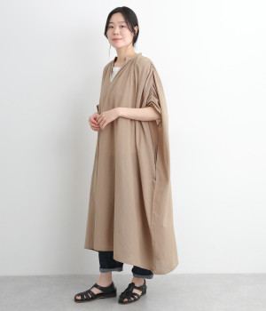 コットンリネンキャンブリックギャザーワンピース(グレージュ-ONESIZE)