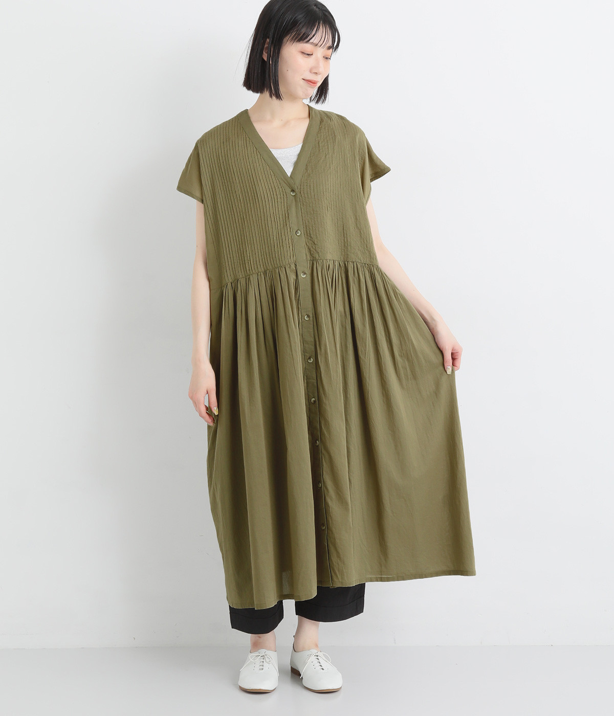 コットンボイルピンタックフレンチスリーブワンピース(カーキ-L)