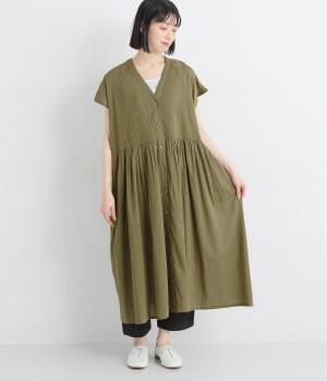 コットンボイルピンタックフレンチスリーブワンピース(カーキ-M)