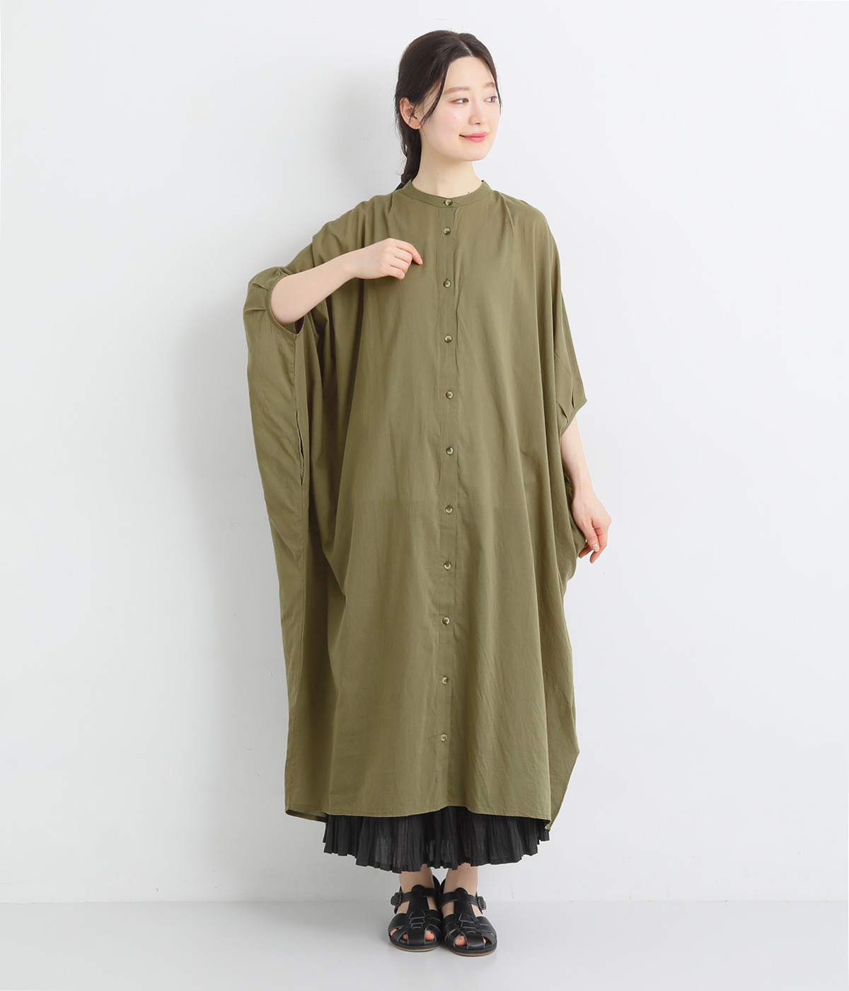 コットンボイルドルマンワンピース(カーキ-M)