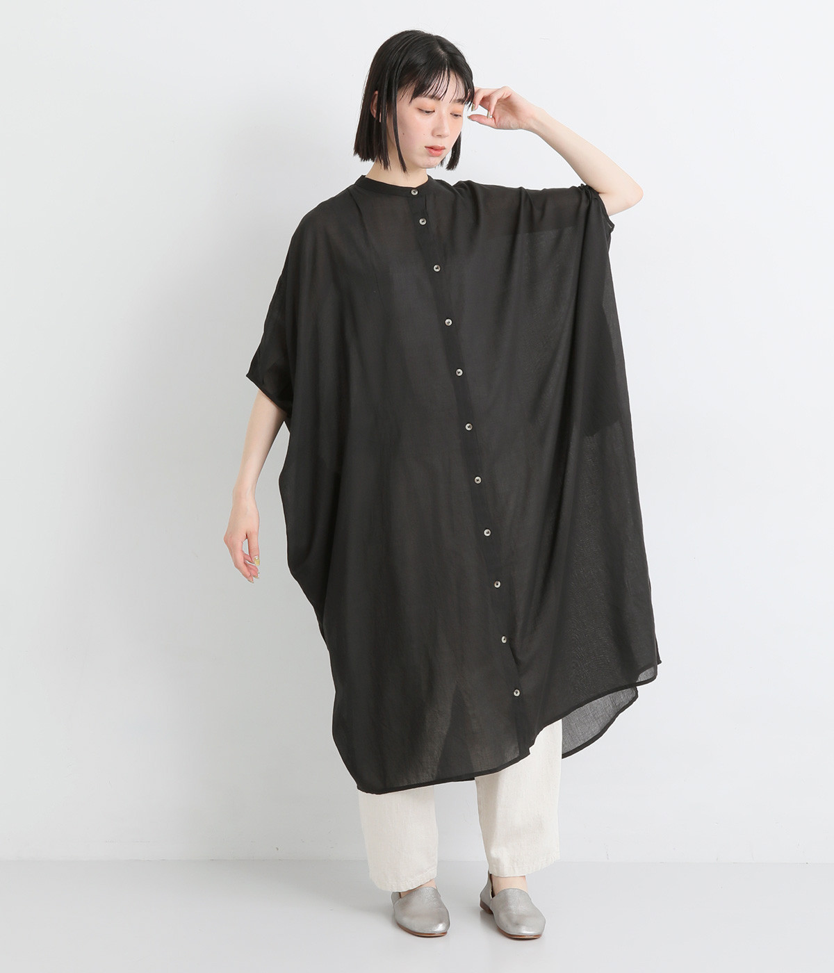 コットンボイルドルマンワンピース(ブラック-L)