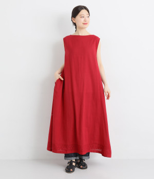 コットンリネンキャンブリックノースリーブワンピース(レッド-M)