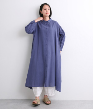 コットンリネンキャンブリックシャツワンピース(ブルー-L)