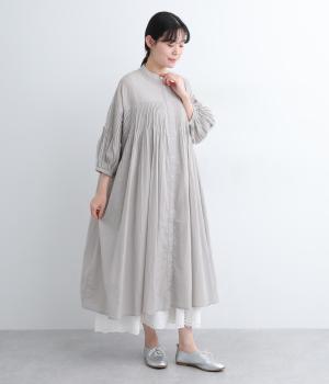 コットンキャンブリック切替ピンタックワンピース(グレー-L)