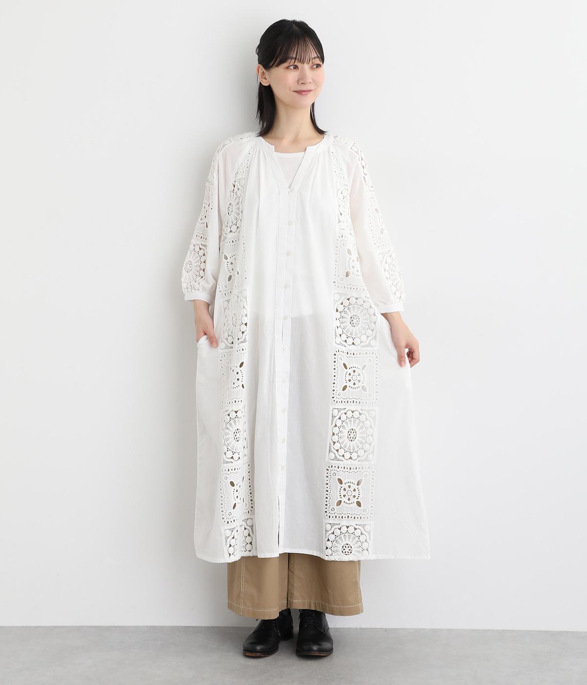 コットンローン刺繍パッチワークワンピース(ホワイト-M)