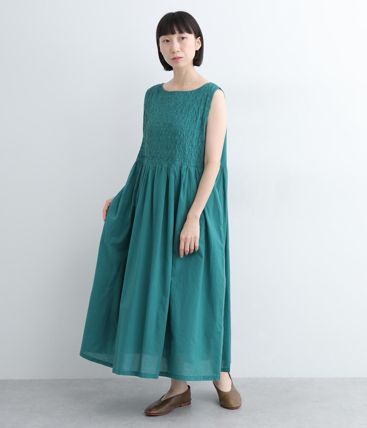 ローンキャンブリック刺繍裏地付きノースリーブワンピース(ターコイズ-M)