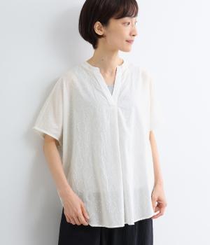 ジャカードドット　キーネックブラウス(オフ-L)