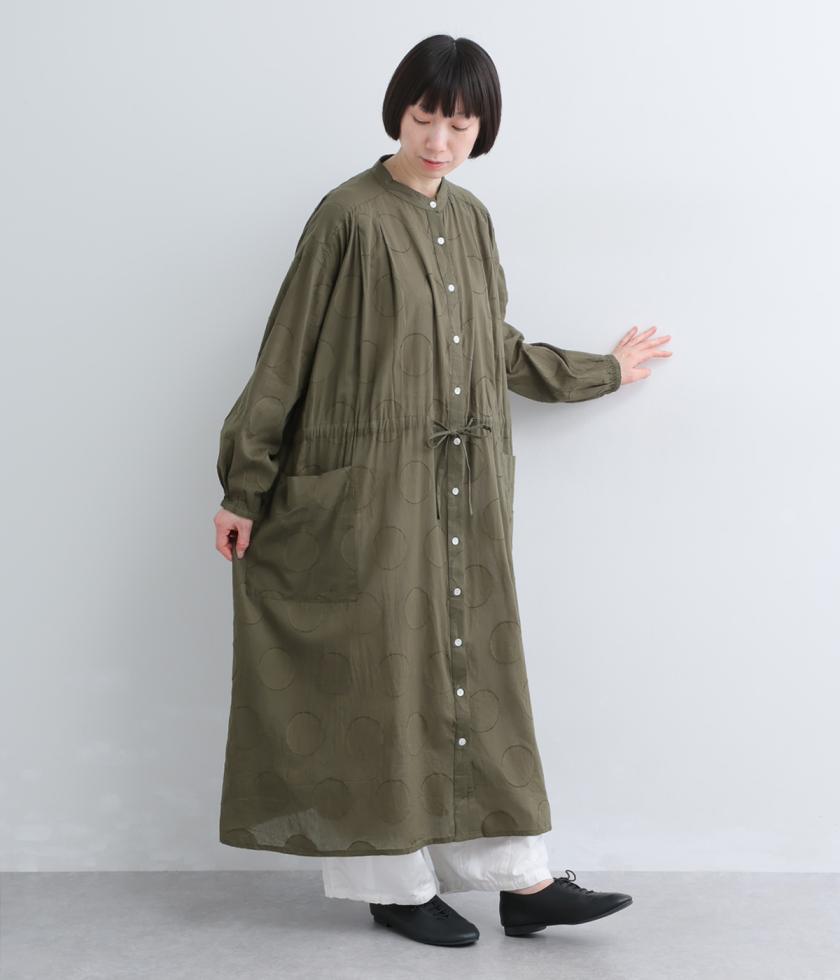 コットンボイル　ドットジャカードバンドカラーワンピース