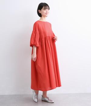 コットンキャンブリックボリューム袖フレアワンピース(レッド-L)