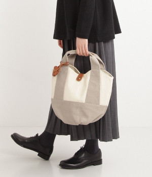 キャンバスコンビ×牛革丸底トート(ライトグレー-ONESIZE)