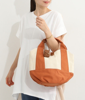 キャンバスコンビ×牛革丸底トート(ダークオレンジ-ONESIZE)