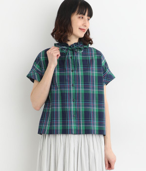 フリル襟付きマドラスチェックブラウス(ネイビー-ONESIZE)