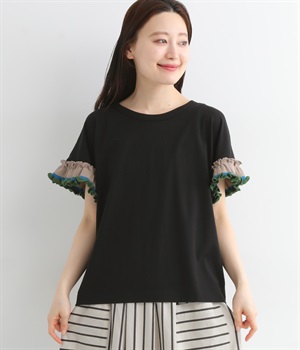 ニットフリル袖Tシャツ(ブラック-ONESIZE)