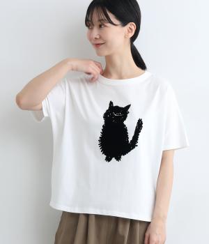天竺　ねこシルエットフロッキープリントTシャツ(オフホワイト-ONESIZE)
