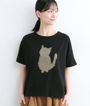 天竺　ねこシルエットフロッキープリントTシャツ(ブラック-ONESIZE)