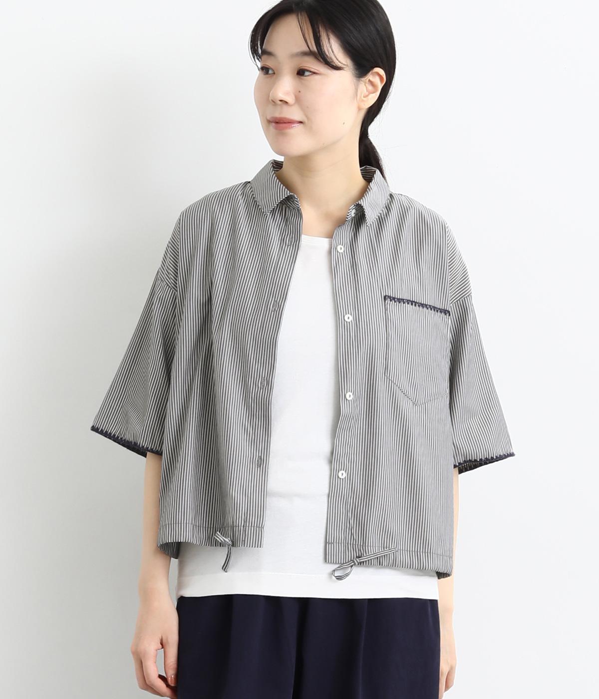 はまぐりステッチ　クロップドシャツ(ストライプ-F)