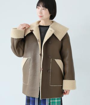 フェイクレザー×ボアボンディング　ビッグカラーボンバージャケット(ダークブラウン-F)