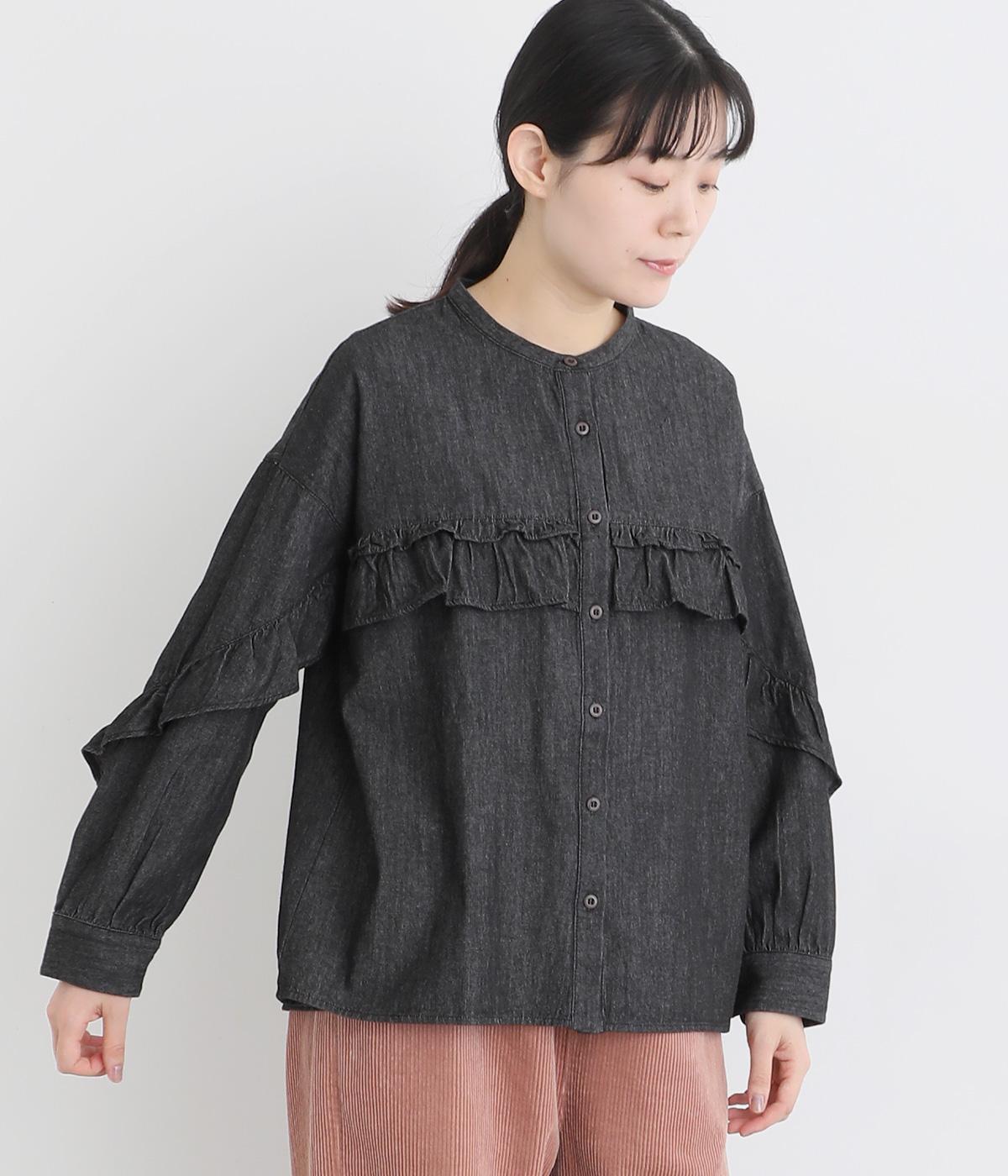 ランダムフリルデニムシャツ(ブラック-F)