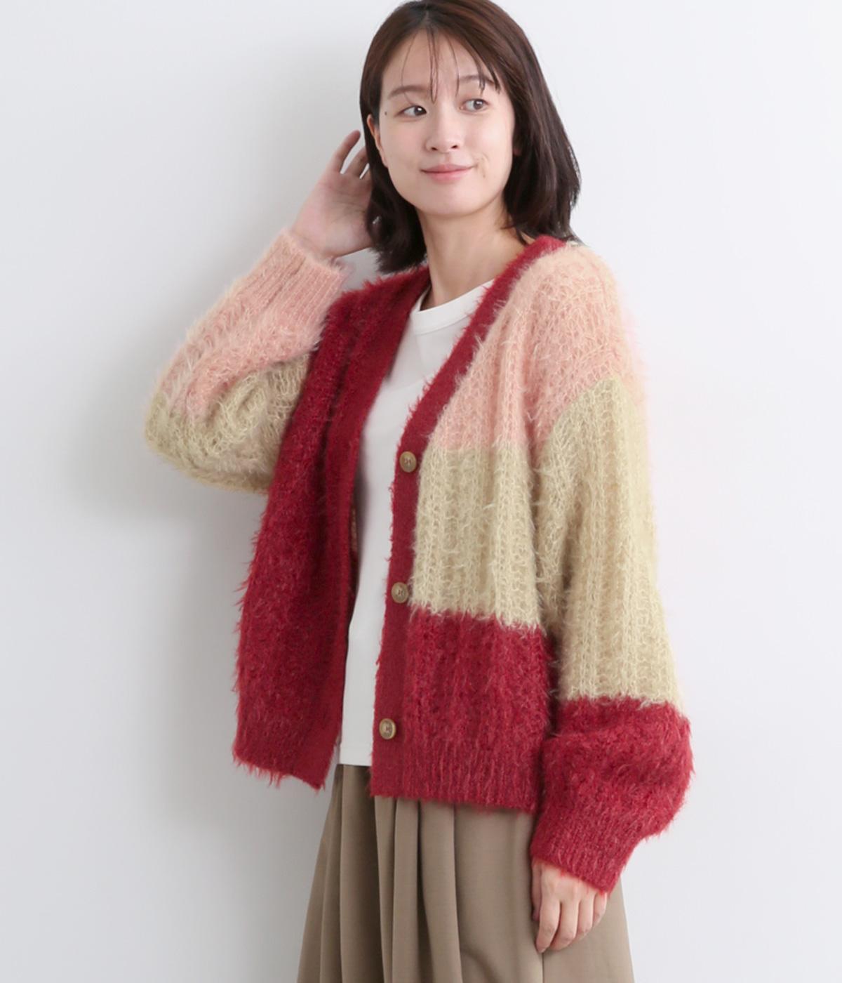カラーブロックカーディガン(レッド-F)