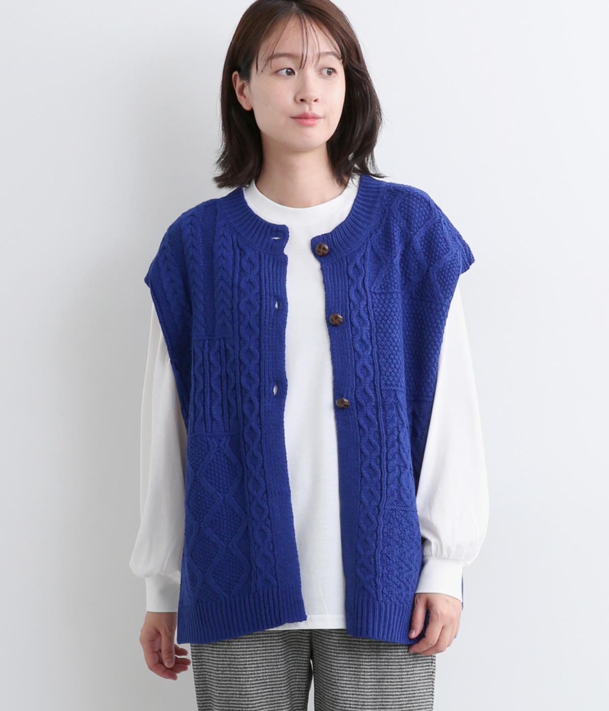 2wayケーブルニットベスト×ロンTセット(ブルー-F)