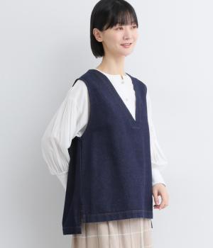 バックボタンVネックベスト(インディゴ-F)