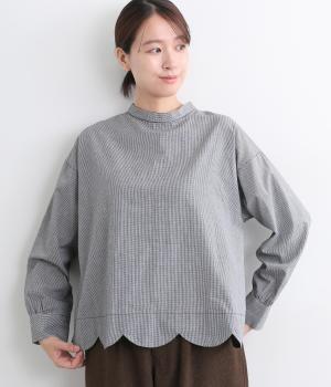 2wayスカラップヘム長袖ブラウス(チェック-F)