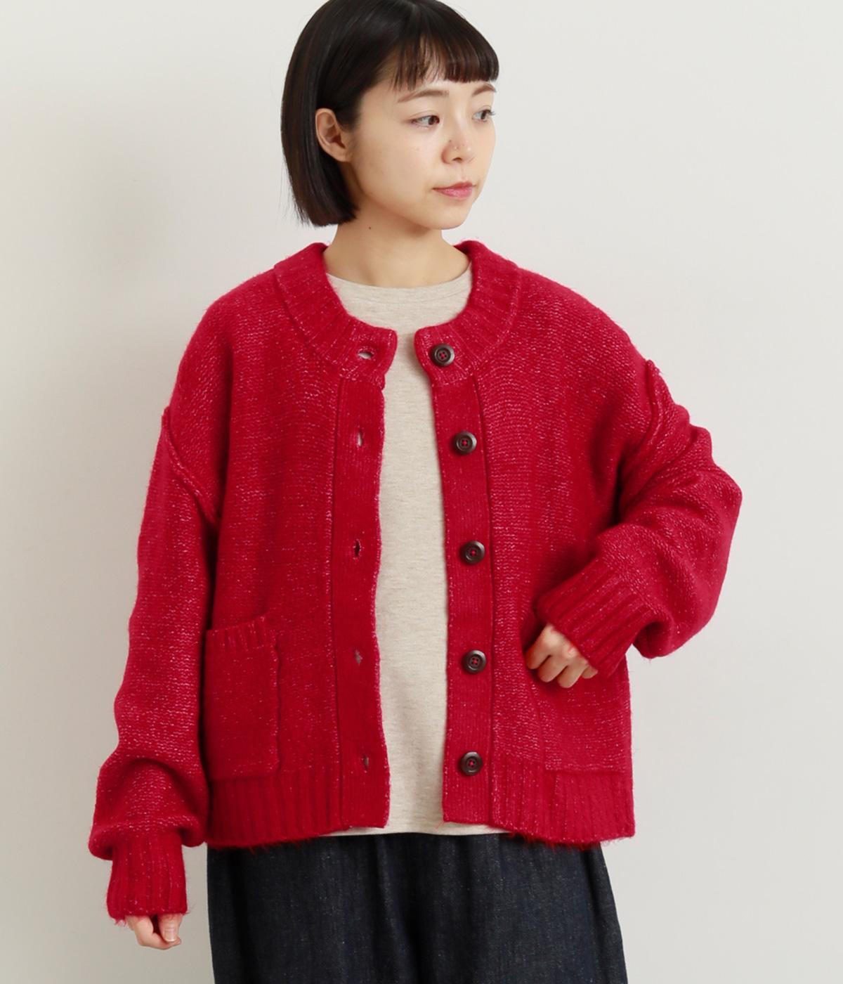 モックネックニットカーディガン(レッド-F)