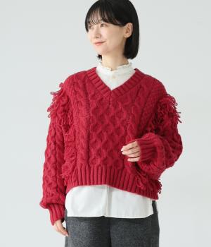 ループフリンジVネックケーブルニット(レッド-F)