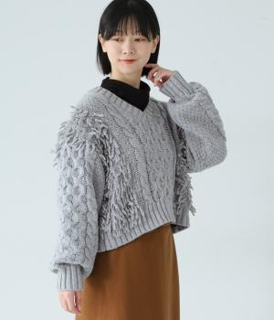 ループフリンジVネックケーブルニット(グレー-F)