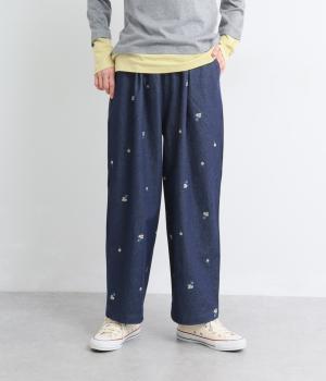 フラワー刺繍タックパンツ(インディゴ-F)