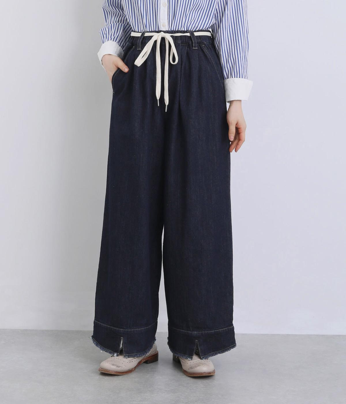 裾スリットタックデニムパンツ(インディゴ-F)