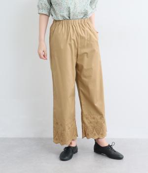 コットンカルゼ裾スカラップバード刺繍パンツ(ベージュ-F)