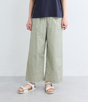 コットンカルゼ裾スカラップバード刺繍パンツ(カーキ-F)