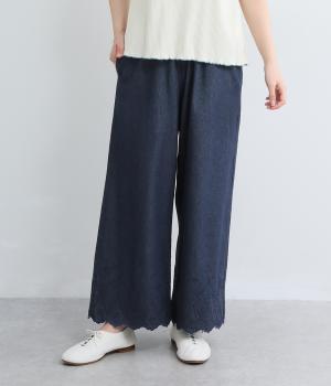 コットンカルゼ裾スカラップバード刺繍パンツ(フェイド-F)