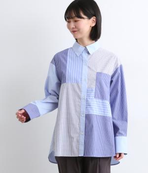 パッチワークオーバーシャツ(ブルー-F)