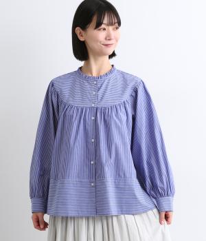 スタンドフリルラウンドヨークブラウス(ストライプ-F)