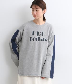 HRUプリント袖ライン裏毛プルオーバー(グレー-F)